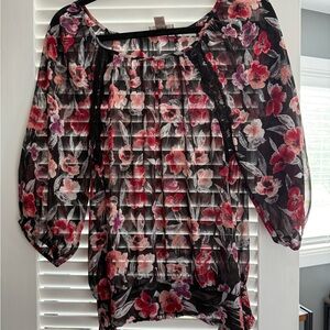 LOFT Black and Pink Puff Sleeve Smocked Blouse